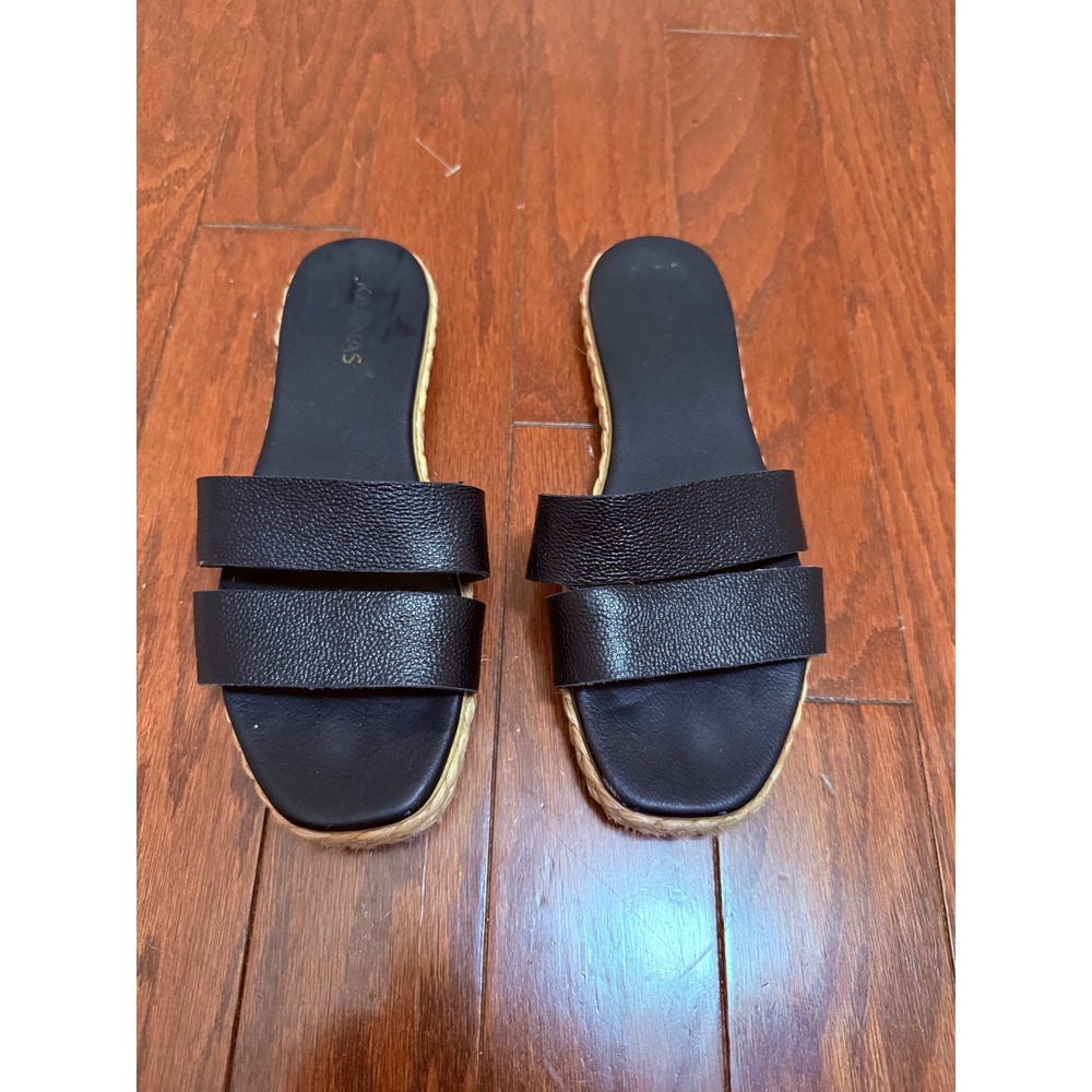 KAANAS Black‎ Pebbled Leather Double Strap Espadrille Slide Sandals Womens 6M